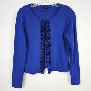 Rafaella Cardigan Sweater Cobalt Blue Open Front Ruffle Trim Sz Medium